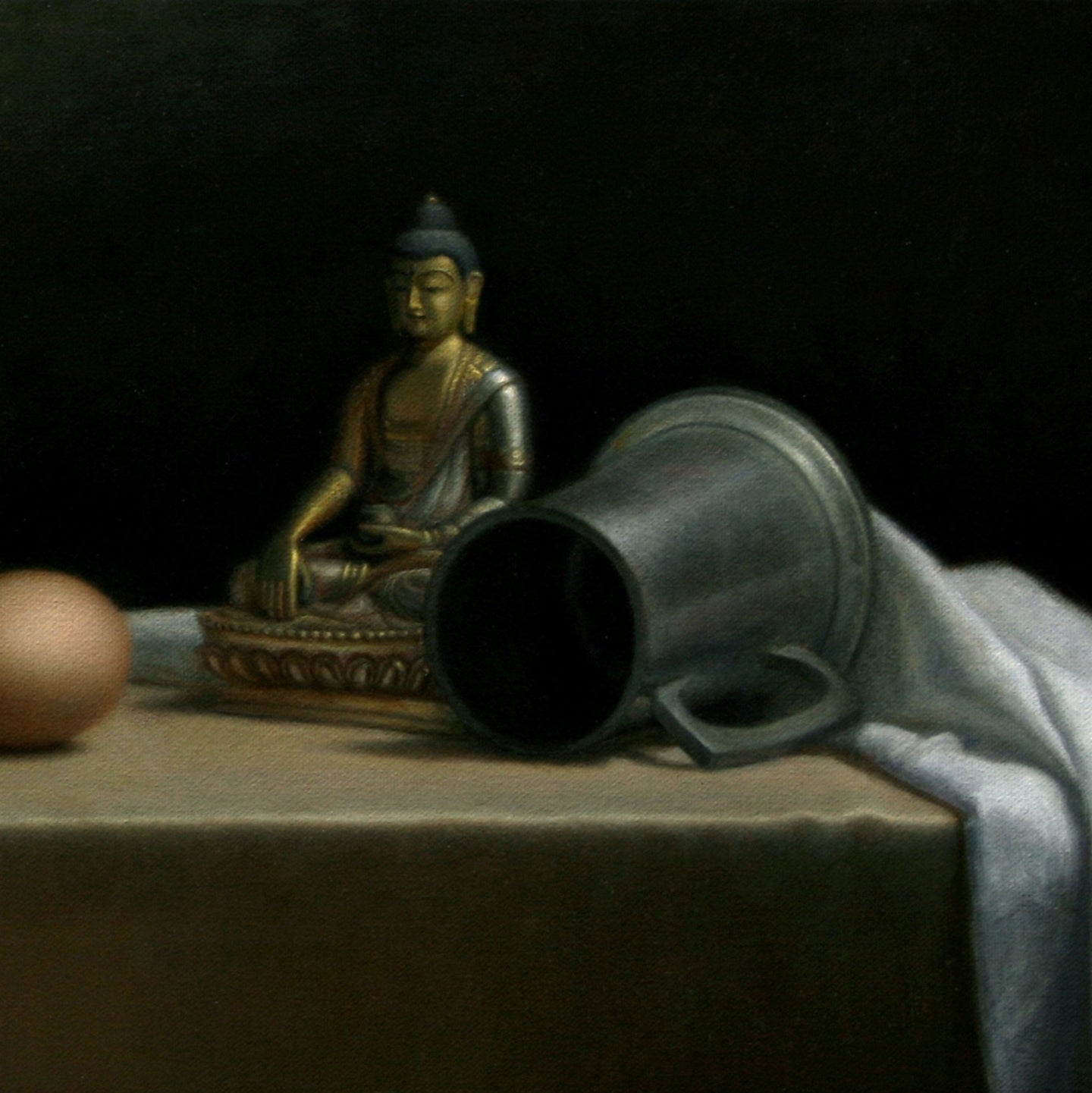 Original Dutch Masters inspired oil painting for sale: "Still Life with Eggs and Buddha" by Marcus Callum ArtistOriginal Painting: "Still Life with Eggs and Buddha" (Available)